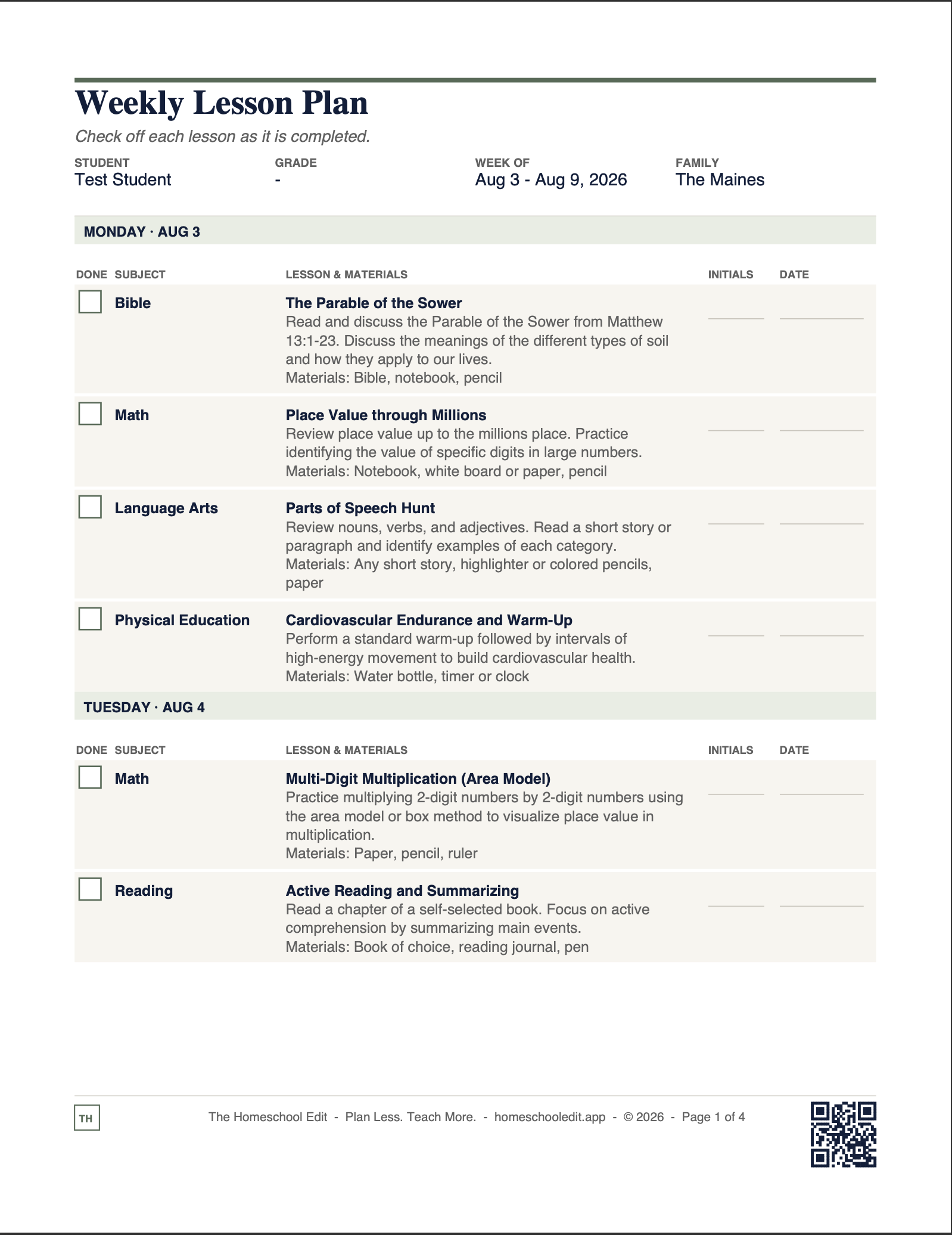 Weekly Lesson Plan